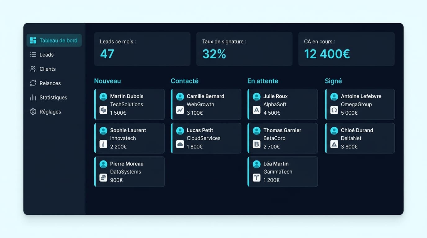 Tableau de bord du CRM Briiz : pipeline de leads avec colonnes Nouveau, Contacté, En attente, Signé
